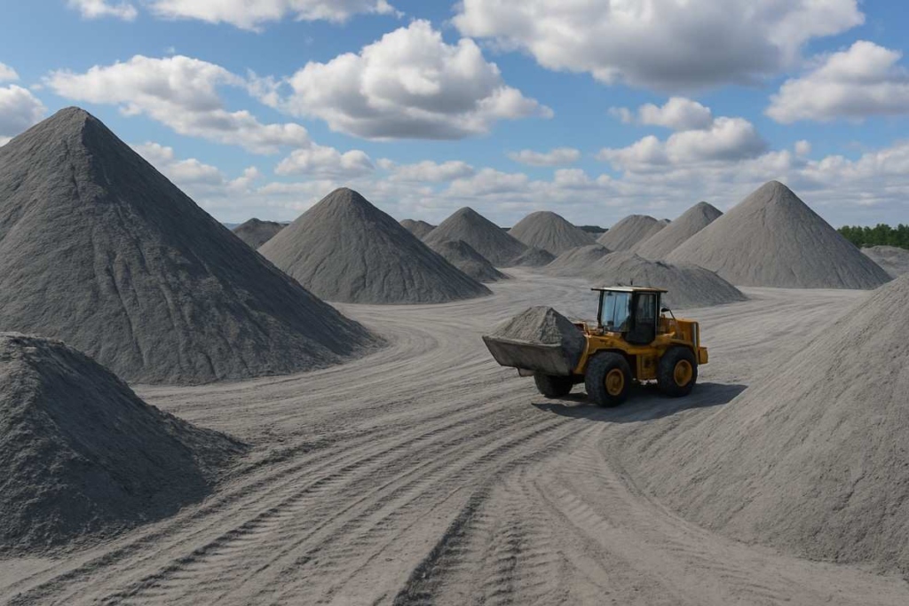 large sand storage with construction machinery transporting sand